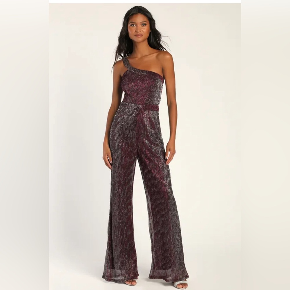 Lulu's One-Shoulder Metallic Jumpsuit in Black and Purple